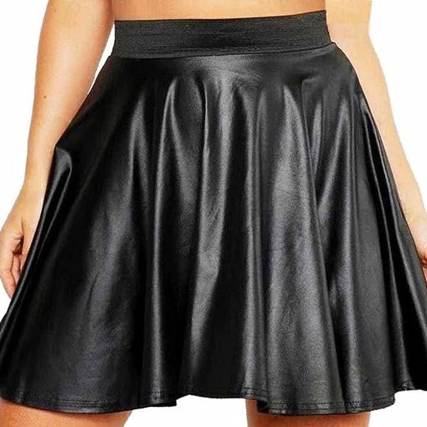 Women Ladies Sexy High Waist Faux Leather Wetlook PVC Flare Skater Mini Skirt