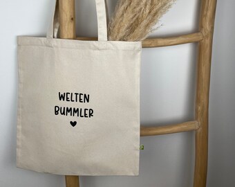 Stoffbeutel Weltenbummler | Geschenk für Reiseliebhaber | Bio-Baumwolle