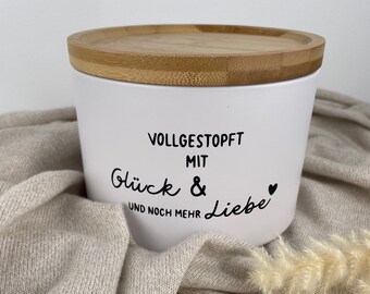 Vorratsdose weiß mit Holzdeckel | Aufbewahrungsdose | Geschenkidee | Mitbringsel | Glück und Liebe