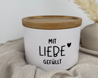 Vorratsdose weiß mit Holz | Keksdose | Geschenkidee | Verpackungsidee | mit Liebe gefüllt