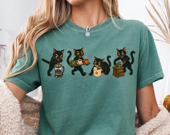 Coffee Halloween Shirt, Cat Halloween Tee, Retro Black Cat Shirt, Coffee Lover T-Shirt, Vintage Halloween Tee, Cat Lover Halloween Gift