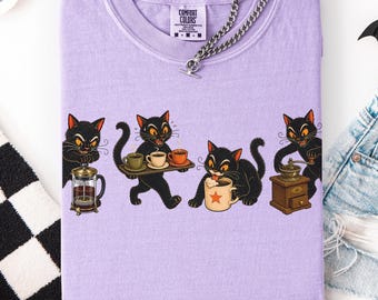 Coffee Halloween Shirt, Cat Halloween Tee, Retro Black Cat Shirt, Coffee Lover T-Shirt, Vintage Halloween Tee, Cat Lover Halloween Gift
