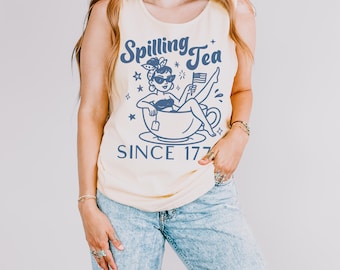 Spilling The Tea Since 1773 tank top, Funny 4th of July top for Women, Comfort Colors tank, Mom USA Shirt, Patriotic Graphic tank top