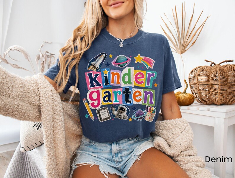 Space Kindergarten Teacher Shirt, Retro Teacher Tee, Back To School Gift, Kindergarten Teacher Tshirt, Space Teacher Shirt, Teacher Gift Denim