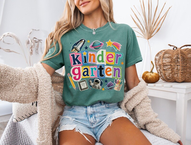 Space Kindergarten Teacher Shirt, Retro Teacher Tee, Back To School Gift, Kindergarten Teacher Tshirt, Space Teacher Shirt, Teacher Gift light green