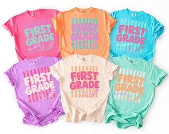 Custom First Grade Teacher Shirt, First Grade Team Shirt, Bright Preppy Teacher Tee, Colorful Personalized Teacher Gift