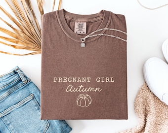 Pregnant girl autumn Shirt, Pregnancy Reveal Shirt, New Mom Gift, Autumn Baby Announcement Tee, comfort colors Shirt, fall mama tshirt
