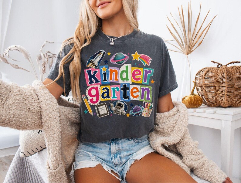 Space Kindergarten Teacher Shirt, Retro Teacher Tee, Back To School Gift, Kindergarten Teacher Tshirt, Space Teacher Shirt, Teacher Gift Pepper