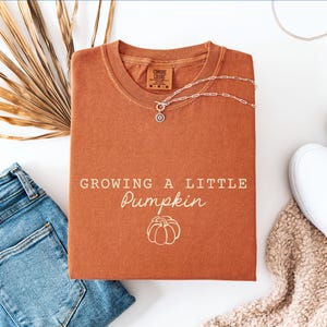 Chemise de grossesse citrouille, cadeau nouvelle maman, t-shirt faire-part de bébé automne, chemise couleurs confort, t-shirt maman automne
