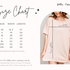 May include: Size chart for a Bella Canvas 3001 t-shirt, showing measurements in inches for width and length in sizes XS to 3XL. The chart includes a model wearing a size XL t-shirt.