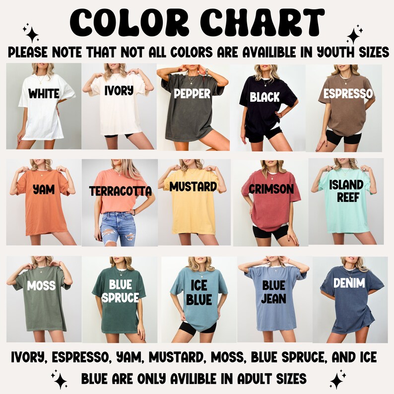 K&ouml;nnte beinhalten: Farbkarte mit verschiedenen T-Shirt-Farben, darunter Wei&szlig;, Elfenbein, Pfeffer, Schwarz, Espresso, Yam, Terrakotta, Senf, Scharlachrot, Inselriff, Moos, Blautanne, Eisblau, Jeansblau und Denim. Bitte beachten Sie, dass die Farben Elfenbein, Espresso, Yam, Senf, Moos, Blautanne und Eisblau nur in Erwachsenengr&ouml;&szlig;en erh&auml;ltlich sind.
