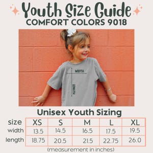 May include: Unisex youth sizing chart for t-shirts with measurements in inches for width and length. Sizes include XS, S, M, L, and XL.