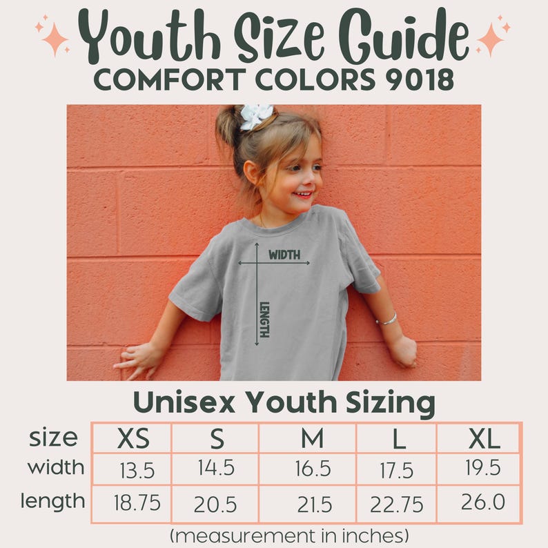 May include: Unisex youth sizing chart for t-shirts with measurements in inches for width and length. Sizes include XS, S, M, L, and XL.