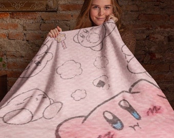 Cuddle Up with Kirby in a Dreamy Pink Embrace: Dream Land's Softest Plush Blanket, Velveteen Plush Blanket, Kirby, Cute Throw Blanket, Kirby