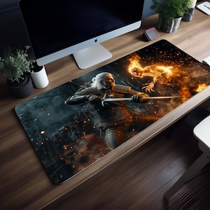 Inferno Duel: Geralt of Rivia, The Witcher&#39;s Fiery Resolve in Battle Mousepad, LED RGB Lightning, XL Mousepad, 8 Different Sizes, Gaming