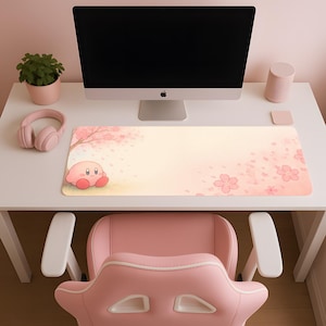 カービィ 桜マウスパッド、8サイズ、RGBライト、XXLデスクマット、桜カービィ、かわいいパステルマウスパッド、かわいい春のデスクデコレーション