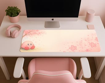 Kirby Sakura Blossom Mouse Pad, 8 Sizes, RGB Lights, XXL Desk Mat, Cherry Blossom Kirby, Kawaii Pastel Mouse Pad, Cute Spring Desk Decor