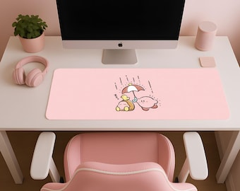 Kirby and Waddle Dee Rainy Day Mouse Pad, Cute Pastel Pink Aesthetic, Kawaii Desk Mat, Anime Gaming Desk Decor, Desk Pad