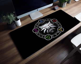 Domina las artes de Witcher con esta alfombrilla de ratón de escuela y letreros, relámpago LED RGB, alfombrilla de ratón XL, 8 tamaños diferentes, alfombrilla de escritorio estética
