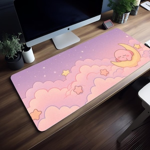 カービー ドリーミームーン マウスパッド、8サイズ、RGBライト、XXLデスクマット、眠れるカービー クレセントムーン、かわいいLEDゲーミングパッド、キュートなパステルカラーの夜空