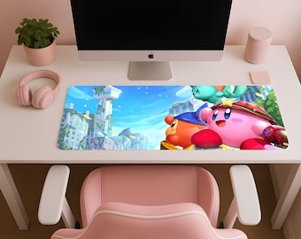 Alfombrilla de ratón Kirby Post-Apocalyptic Adventure, bonito paisaje urbano en tonos pastel, alfombrilla de escritorio kawaii para gaming, decoración de anime, alfombrilla de escritorio