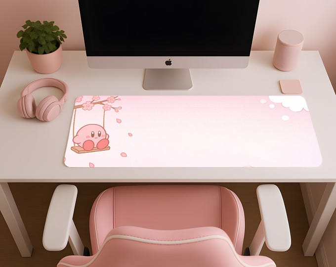 Kirby Cherry Blossom Swing Mouse Pad, 8 Sizes, RGB Lights, XXL Desk Mat, Sakura Kirby, Kawaii Pastel Mouse Pad, Cute Spring Desk Decor