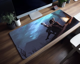 Campfire Under the Stars: Witcher RGB Mouse Pad, LED Extended Desk Mat, Geralt & Ciri Scene, Large Gaming Mousepad, 8 Sizes, RGB Gamer Gift
