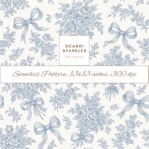 Peut inclure: Un motif sans couture avec des bouquets floraux bleus et blancs avec des nœuds, sur un fond crème. Le texte "Scandi Sparkles PNG Design" est au centre de l'image. Le texte "Seamless Pattern, 13x13 inches, 300 dpi" est en bas de l'image.