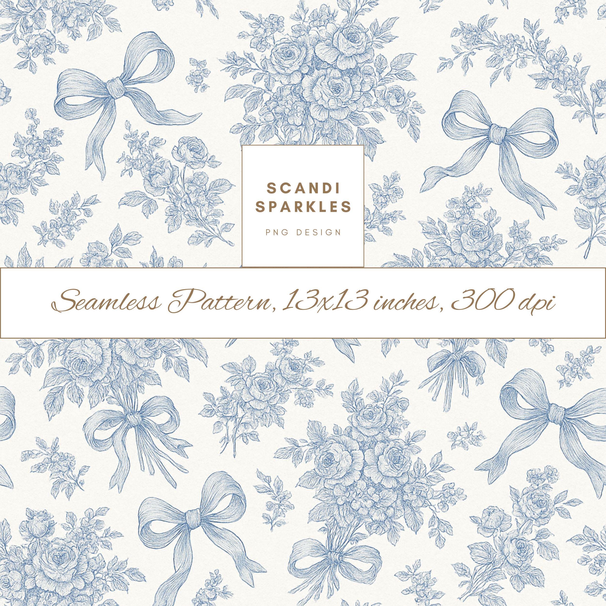 Blue Toile Seamless Pattern, Vintage Floral Bows Digital Paper, French Style Fabric Print, Scrapbooking Background