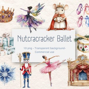 Nutcracker Ballet Watercolor Clipart Bundle | Ballerinas, Nutcracker, Mouse King, and Christmas Decor | 10 PNGs | Digital Download