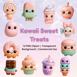 Kawaii Sweet Treats Clipart Bundle PNG, Cute Candy Donut Ice Cream Cupcake Macaron Bubble Tea, Transparent Background