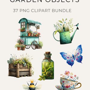 Puede incluir: Conjunto de imágenes prediseñadas de acuarela con objetos de jardín encantados. Incluye un carro turquesa con flores, una regadera verde con un pájaro, una caja de madera con plantas, una botella de vidrio, una mariposa azul, una abeja y una taza de té con flores.