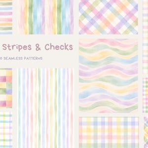 May include: A collection of watercolor patterns featuring stripes and checks in pastel colors. The image includes various designs, such as horizontal stripes, vertical stripes, and checkered patterns. Text reads "Whimsy Stripes & Checks" and "30 Seamless Patterns".
