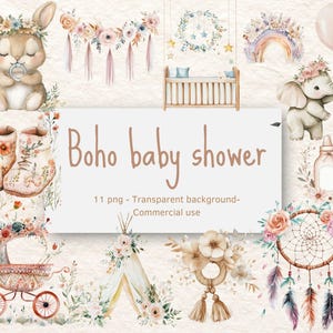 Boho Baby Shower Watercolor Clipart Bundle | Floral Crowns, Rainbows, Baby Animals | 11 PNGs | 300 DPI | Commercial Use