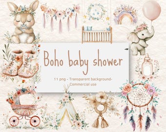 Boho Baby Shower Watercolor Clipart Bundle | Floral Crowns, Rainbows, Baby Animals | 11 PNGs | 300 DPI | Commercial Use