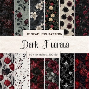 12 Dunkle Blumen Muster | Schwarze Rosen, Burgunderblüten, Spitze und Vintage Blumenmuster | Digitaler Download