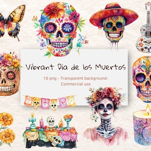 Day of the Dead Watercolor PNG Bundle | Sugar Skulls, Marigolds, Catrina, and Mexican Decorations | Digital Clipart | Commercial Use
