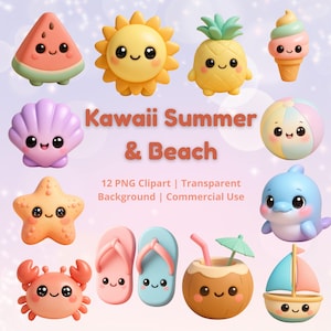 Kawaii Summer Beach Clipart Bundle PNG, Cute Ocean Sea Animals, Ice Cream, Flip Flops, Tropical Vacation, Transparent Background