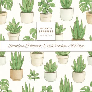 Potted Houseplants Seamless Pattern, Watercolor Plant Lover Digital Paper, Green Indoor Garden Background for Scrapbooking