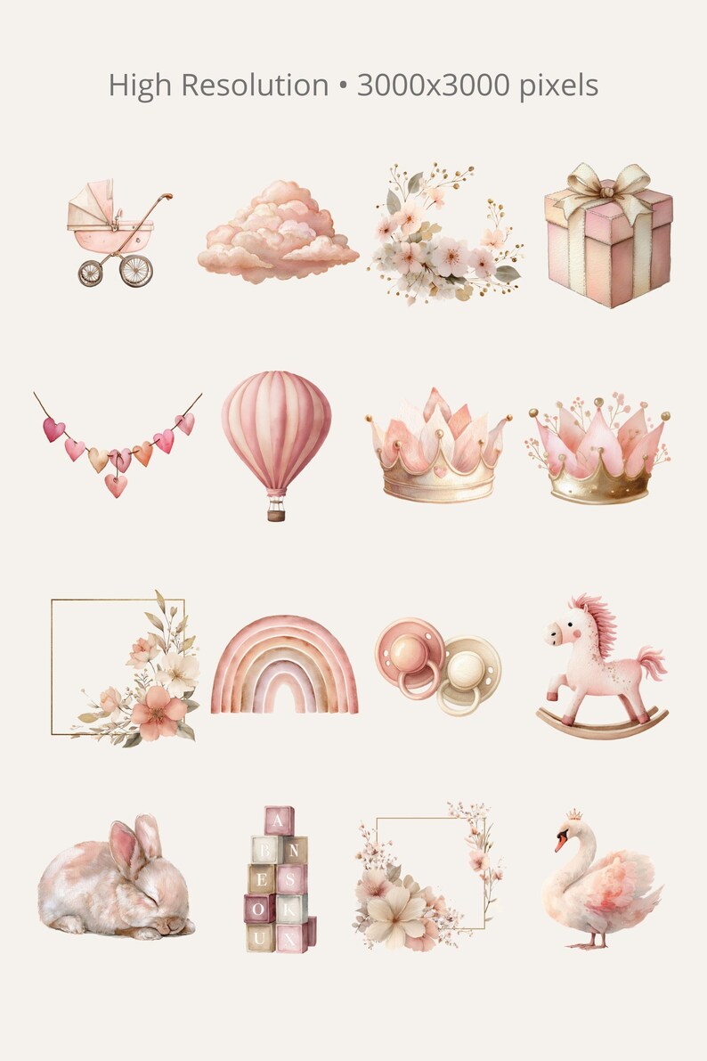 Blush Pink Baby Shower Clipart Bundle 33 PNG Watercolor Baby Girl ...
