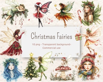 Christmas Fairies Watercolor Clipart Bundle | Magical Holiday Fairies, Snowflakes, Gifts | 10 PNGs | Fairy PNG | Digital Download