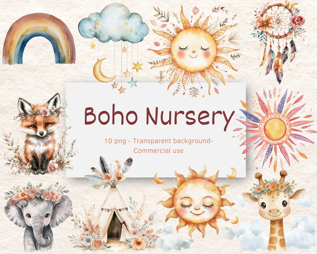 Boho Nursery Watercolor PNG Clipart Bundle | Cute Animals, Rainbows ...