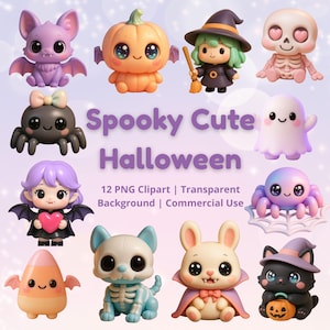 Spooky Cute Halloween Clipart Bundle PNG, Kawaii Halloween Animals, Ghost Bat Witch Skeleton Spider, Transparent Background