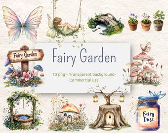 Fairy Garden Watercolor Clipart Bundle | Mushrooms, Fairy Houses, Magic Lanterns, and Flowers | 10 PNGs | Fairy Clipart | Digital Download