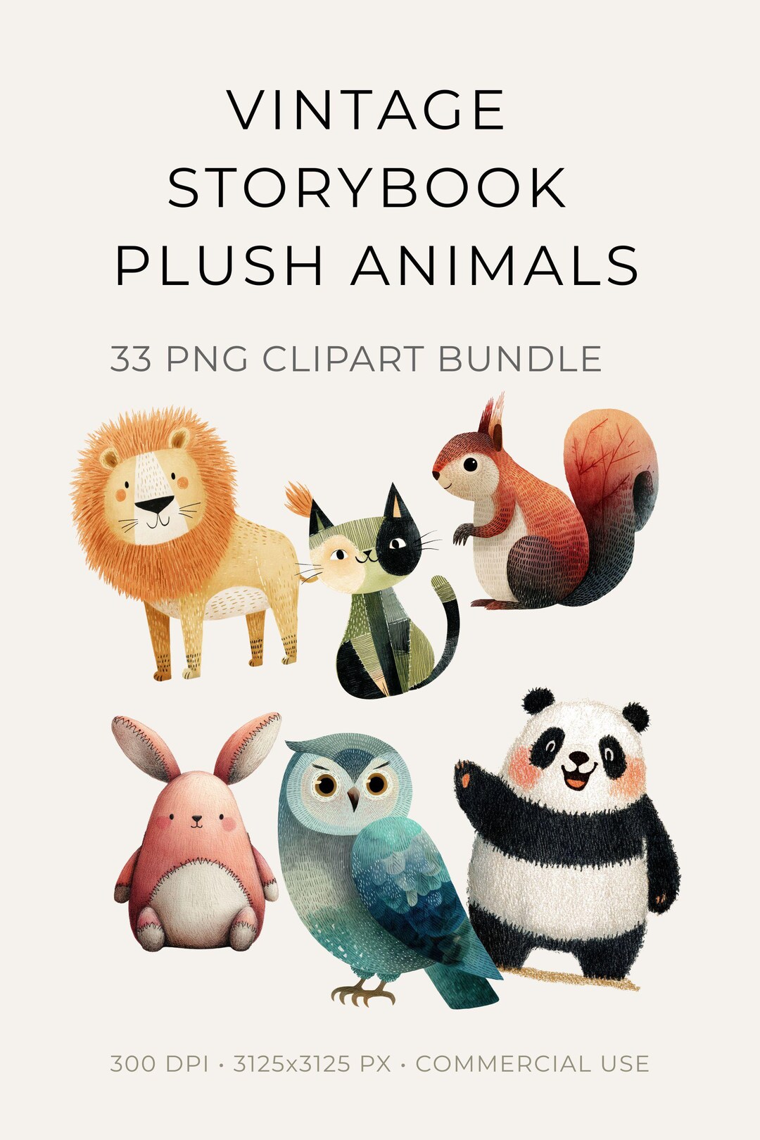 Vintage Plush Animals Clipart Bundle 33 PNG Storybook Stuffed Toy ...