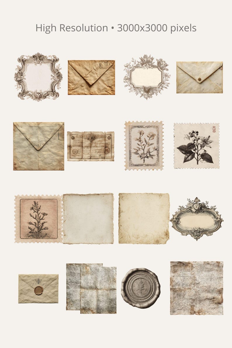 Vintage Ephemera Clipart Bundle 34 PNG Antique Paper Postal Elements ...