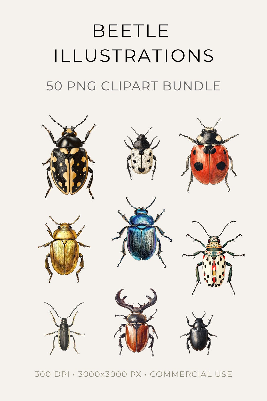 Beetle Clipart Bundle 50 PNG, Vintage Insect Illustrations, Natural ...