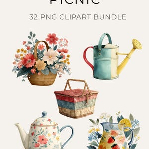 Könnte beinhalten: Aquarell-Clipart-Bundle mit dem Text "COZY GARDEN PICNIC". Enthält Illustrationen eines Blumenkorbs, einer Gießkanne, eines Picknickkorbs, einer Teekanne und einer Limonadenkanne. Das Bundle ist 3125x3125 px groß.