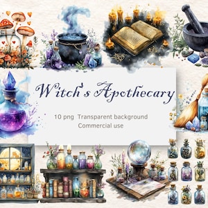 Witch’s Apothecary Watercolor PNG Bundle – 10 Transparent Files, Magical Bottles, Potions, Candles, and More, Commercial Use
