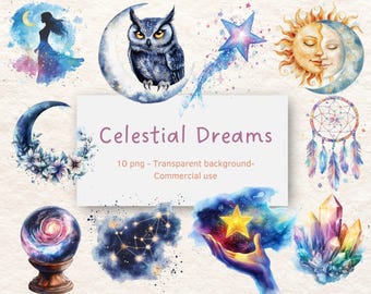 Celestial Dreams Watercolor PNG Bundle | Moon Phases, Crystals, Constellations, Mystical Clipart | Digital Download | Commercial Use
